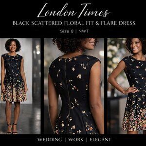 London Times Black Gold Floral Fit & Flare Dress Scuba Crepe Cap Sleeve NWT Size